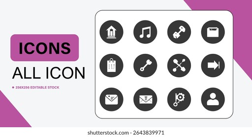 A set of twelve icons, each within a dark gray circle, featuring various symbols in white, arranged in a grid.