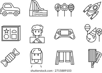 Conjunto de doce iconos con varios juguetes y actividades para niños aislados sobre un fondo transparente