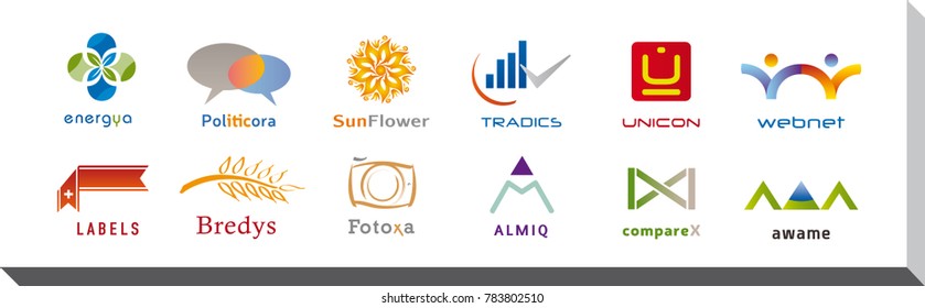 Set of Twelve Icons and Logo Designs - Multiple Colors and Elements