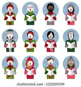 set of twelve icons of multiethnic adult christmas carol singers