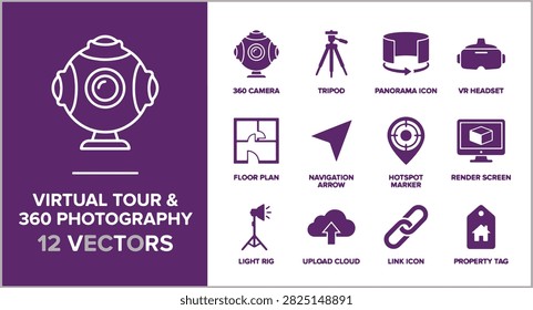 Set of twelve icons representing virtual tour technology and three hundred sixty degree photography equipment.