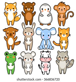 set of twelve illustration of cute cartoon baby monkey, frog, penguin, elephant, cow, mouse, bunny, dog, cat, fox, bear and raccoon on white background. can be used for cards or birthday invitations