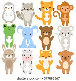 set of twelve illustration of cute cartoon baby monkey, frog, penguin, elephant, cow, mouse, bunny, dog, cat, fox, bear and raccoon on white background. can be used for cards or birthday invitations