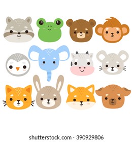 set of twelve illustration of cute cartoon baby monkey, frog, penguin, elephant, cow, mouse, bunny, dog, cat, fox, bear and raccoon on white background. can be used for cards or birthday invitations