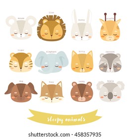 set of twelve illustrations of cute cartoon fox, bunny, bear, cat, lion, tiger, dog, raccoon, mouse, koala. sleepy animals set. can be used for greeting cards or birthday invitations