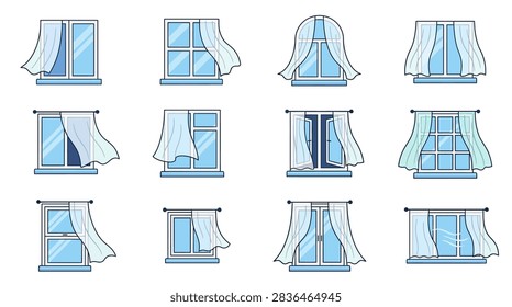 A set of twelve illustrations depicting windows with sheer curtains gently blowing inwards as if from a breeze.