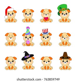 Set of twelve illustrations of isolated cartoon dog emoji. Stickers, patches, smileys with different emotions for each celebration of  Christmas and New Year, Thanksgiving, Birthday