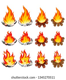 A set of twelve images of fire of different shapes. On white background.