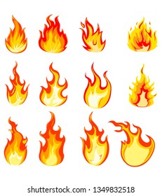 A set of twelve images of fire of different shapes. On white background.