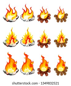 A set of twelve images of fire of different shapes. On white background.