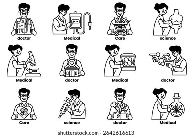A set of twelve images of people in white with the words doctor, medical, and science written below them