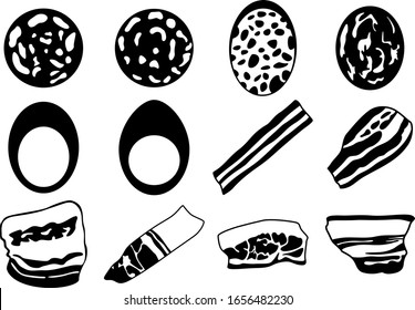 A set of twelve images of sausage, eggs, bacon etc. Set for pizza. Vector illustration.