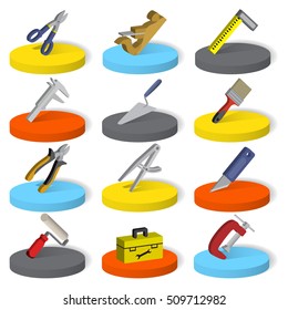 Set of twelve industrial, construction, paint tools in isometric style, isolated on a white background. Vector illustration