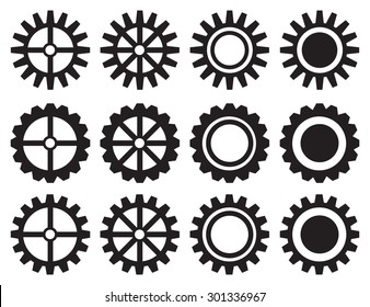 Set of twelve isolated black and white gears and cogwheels vector icon design.