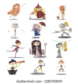 Set of twelve isolated children characters. Pastel colours. White background. Flat cartoon style vector illustration.