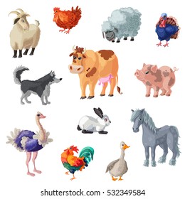 Set of twelve isolated decorative icons with colorful cartoon style farm animals images on blank background vector illustration