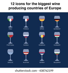 a set of  twelve isolated flat icon symbolizing wine production countries of Europe
