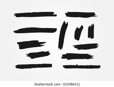 Set of twelve isolated smears. Ragged brushstrokes painted brushes. Black lines and spots. Grunge. Vector illustration.