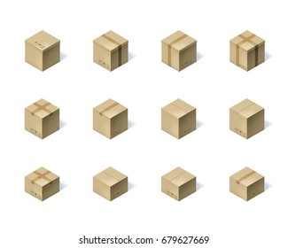 Set of twelve isometric cardboard boxes isolated on white background. Vector illustration