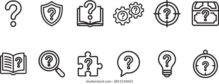 Set of twelve linear question mark icons featuring various conceptual symbols representing uncertainty and problem solving in a minimalist black with each incorporating question