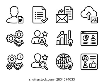 Set of twelve line-style icons on a white background depicting business concepts like communication data and teamwork.