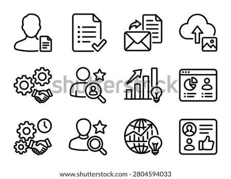 Set of twelve line-style icons on a white background depicting business concepts like communication data and teamwork.