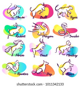 Set of twelve lunar zodiac horoscope sign. Concept chinese happy new year. 