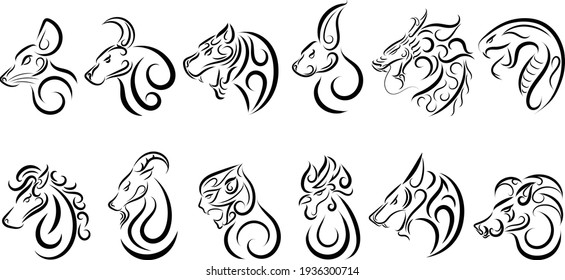 Set of twelve lunar zodiac horoscope symbol. Concept chinese happy new year. line art vector illustration of twelve animal.