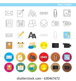 Set of twelve mail icons, in three different styles, line, color and shadow. 