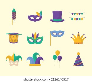 set of twelve mardi gras items