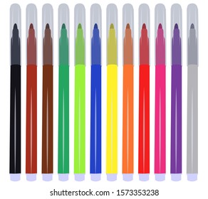 A set of twelve markers with primary colors for drawing and drawing. For the sale and advertising of markers and their application. Felt pen for drawing courses. Set of markers with a cap for children