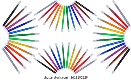 A set of twelve markers with primary colors for drawing and drawing. For the sale and advertising of markers and their application. Felt pen for drawing courses. Set of markers with a cap.