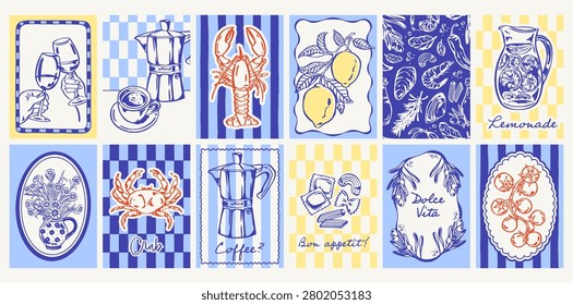 Set of twelve Mediterranean posters featuring blue, yellow and orange line drawings of lemons, lobster, fish, vases, shells, flowers and striped patterns, arranged in two rows on the white background