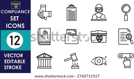 Set of twelve minimalist compliance-themed vector icons including handshake, documents, inspector, magnifier, law, approval, security, audit, and verification symbols arranged grid layout clean simple