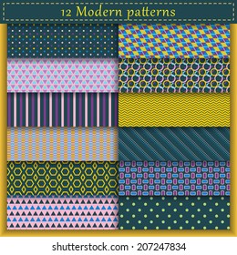 Set of twelve modern vector seamless patterns. Endless texture can be used for web design, printing onto fabric and paper or scrapbooking. Blue, purple and yellow colors. Swatches included