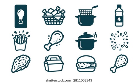 Set of twelve monochromatic flat vector icons featuring fried chicken drumsticks, deep fryer pot, food basket, french fries, takeout container, chicken sandwich, and water bottle.