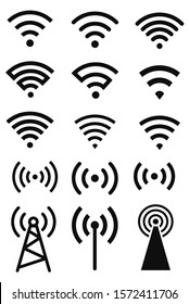 Set of twelve monochrome gray wi-fi icons or symbols for design or UI.