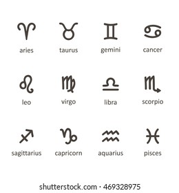 Set of twelve monochrome hand drawn zodiac sign icons isolated on white background.