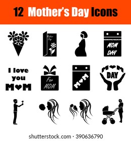 Set of twelve Mother's day black icons. Vector illustration.