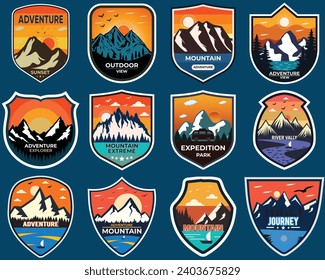 Set of twelve mountain travel emblems. Camping outdoor adventure emblems, badges and logo patches. Mountain tourism, hiking. Forest camp labels in vintage style