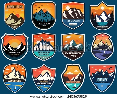 Set of twelve mountain travel emblems. Camping outdoor adventure emblems, badges and logo patches. Mountain tourism, hiking. Forest camp labels in vintage style