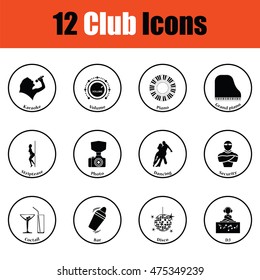Set of twelve Night club icons.  Thin circle design. Vector illustration.