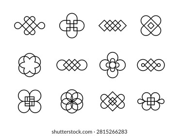 Set of twelve oriental knot and geometric ornament elements isolated on a white background. Line art vector illustration of traditional black symbols for packaging, logo, and holiday design.
