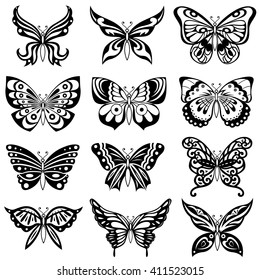 Set of twelve ornamental black butterflies isolated on the white background, hand drawing vector artworks