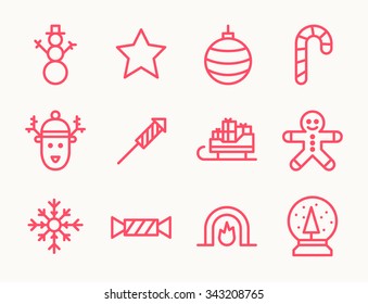 Set of twelve outline Christmas icons with snowman, deer, cookie guy, fireplace and other symbols