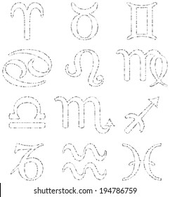 Set of twelve outlined zodiac signs made of black stars