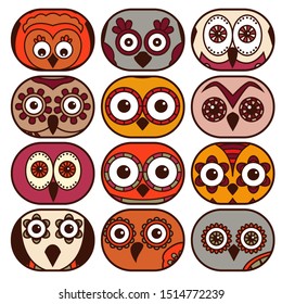 Set of twelve owl faces placed in oval forms and isolated on the white background, cartoon vector illustration as icons