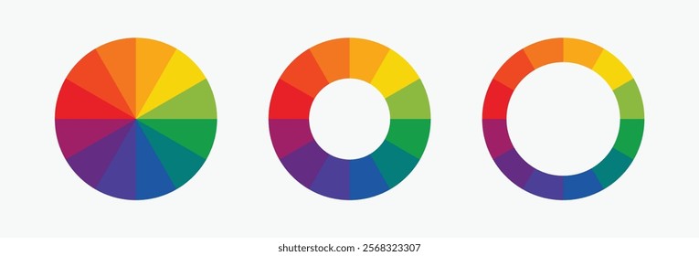 set Twelve part RGB color wheel featuring red, blue, yellow, green, orange, and purple, presented as a vector design on a white background.