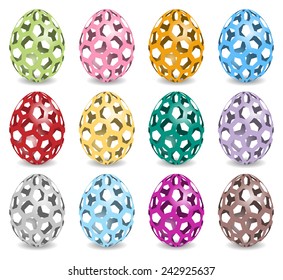 set of twelve pastel colored easter eggs with shadow on white background, easter illustration