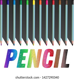 A set of twelve pencils for drawing with the words pencil. Pencil set for drawing.